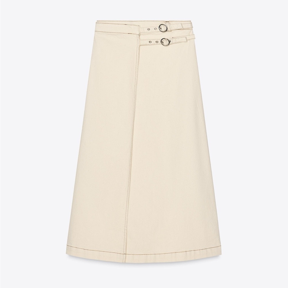Zara denim crossover high waist midi skirt.